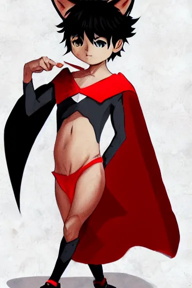 Image similar to little boy with cat ears in an black outfit with red cape. digital artwork made by lois van baarle and kentaro miura, sharpness focus, inspired by hirohiko araki, anatomically correct, heroic composition, hero pose, smooth, nightclub