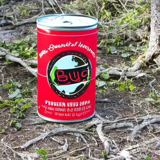 Prompt: Product photo for can of bug soup, extremely tasty, now with more meat