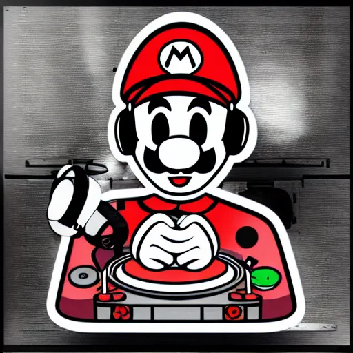 Image similar to svg sticker of a Pop-Wonder SuperMario, Mario-Wearing-a-red-hat, at a rave, spinning records, giant headphones rocking out, wearing headphones, huge speakers, dancing, rave, DJ, spinning records, digital art, amazing composition, rule-of-thirds, award-winning, trending on artstation, featured on deviantart