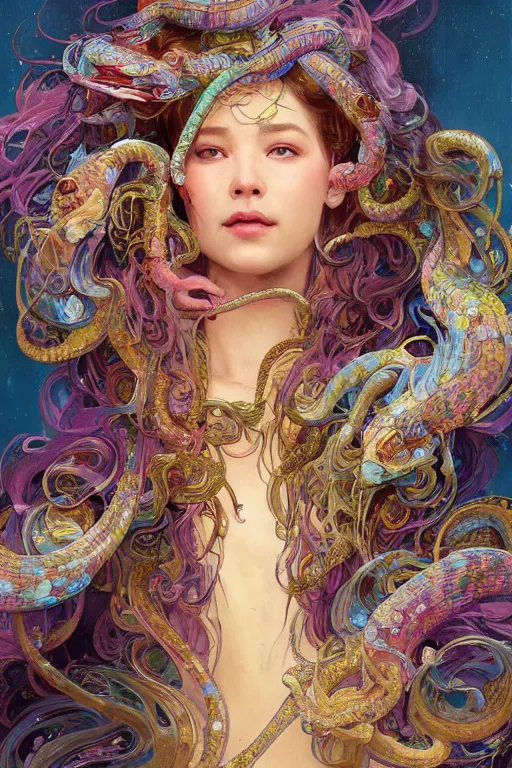 Prompt: an hiper intricate oil portrait of a beautifull snake godess surounded by melting colorfull wax drips, colorfull, excelent composition, wide shot, by yoshitaka amano, by ellen jewett, by greg rutkowski, by alphonse mucha by jeremyg lipkinng, by rhads, by ross tran, artstation, octane render