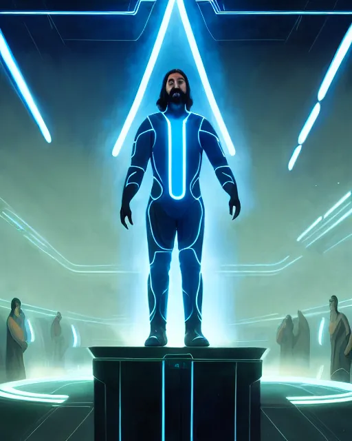 Prompt: tron legacy jesus performing miracles for a crowd, diffuse lighting, hyper realistic, concept art, intricate, hyper detailed, smooth, sharp focus, illustration, artstation, greg rutkowski, james gurney, alphonse mucha