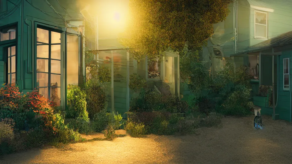 Prompt: ! dream a couple, green house, quiet street, sunset lighting, rim light, hyper realistic, 1 0 5 mm, cinematic frame