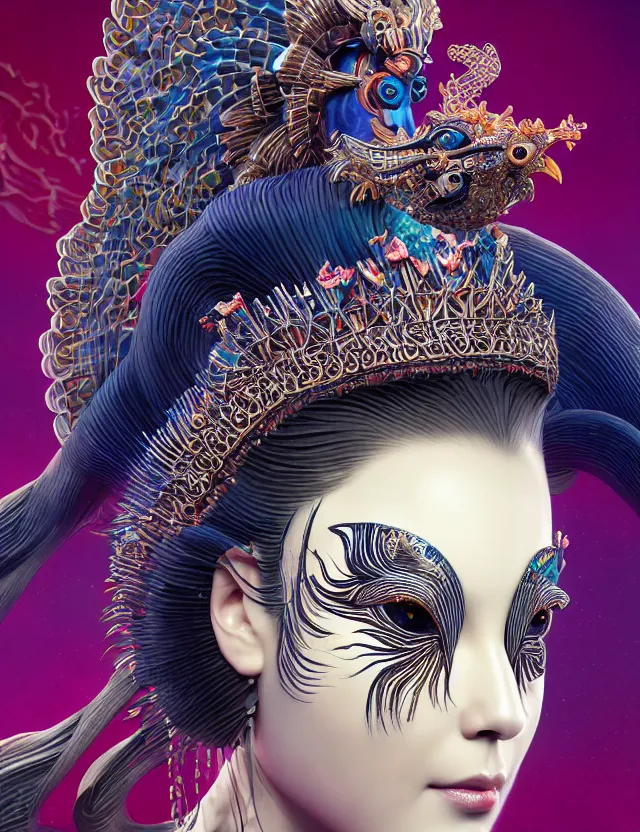 Image similar to 3 d goddess close - up profile portrait with crown, ram skull. beautiful intricately detailed tribal japanese crow kitsune mask and clasical japanese kimono. betta fish, jellyfish phoenix, bio luminescent, plasma, ice, water, wind, creature, artwork by tooth wu and wlop and beeple and greg rutkowski