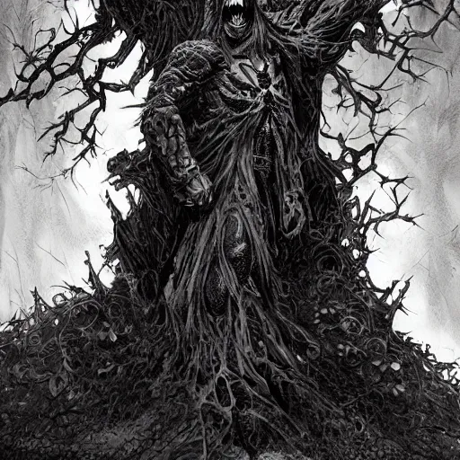 Prompt: a halloween tree, d & d, fantasy, intricate, elegant, highly detailed, digital painting, artstation, concept art, smooth, sharp focus, illustration, art by mike deodato