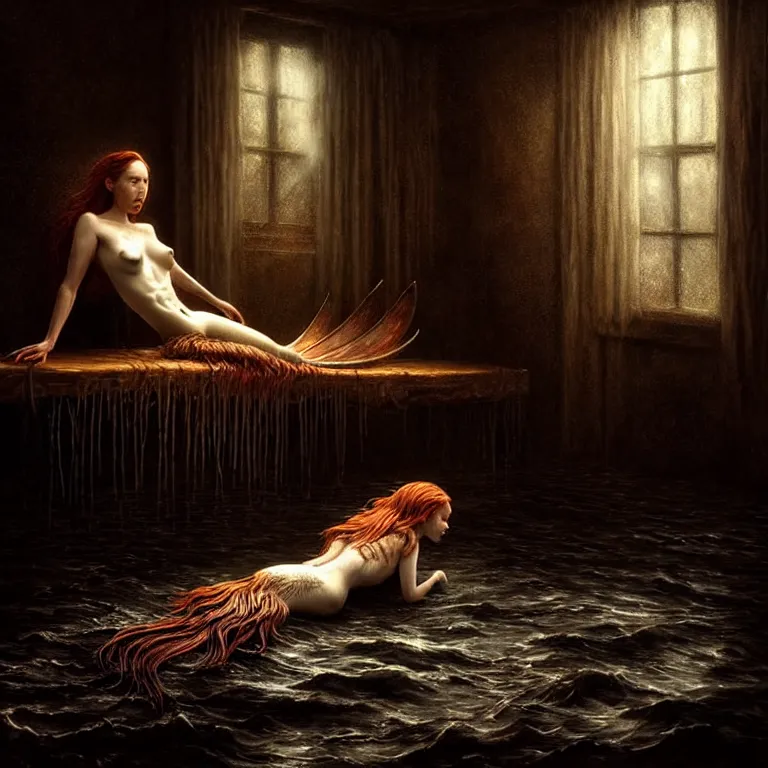 Image similar to epic professional digital art of a starving mermaid, atmospheric lighting, beautiful light and shadow, painted, complex, detailed, detailed, foreboding, mysterious, leesha hannigan, wayne haag, reina rocin, ignacio fernandez rios, mark ryden, iris van herpen, epic, stunning, magnificent, very wow, cinematic, masterpiece.