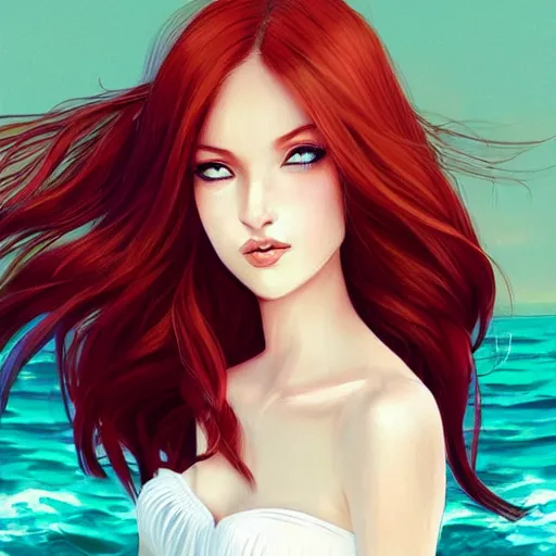 Image similar to beautiful woman with red hair and green eyes wearing a white sundress, on a beach, flirting, smiling, eye contact, perfect face, perfect body, digital art in the style of artgerm and WLOP, extreme long shot