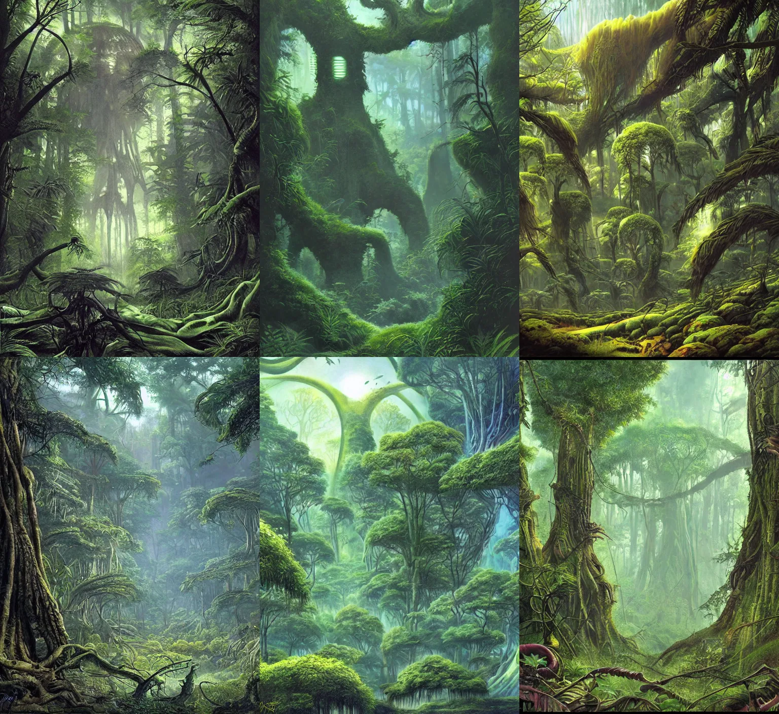 Prompt: a lush forest on an alien planet, art by Jim Burns
