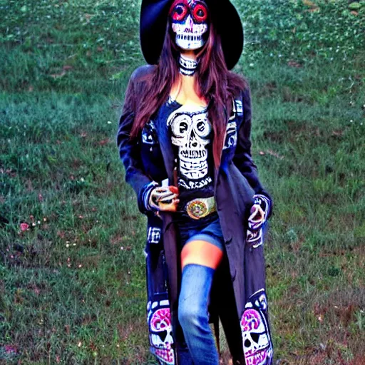 Image similar to in the style Diego Fazio, mila kunis, skull paint, dia de Los muertos, trenchcoat, day of the dead, full body, smiling, cowboy hat