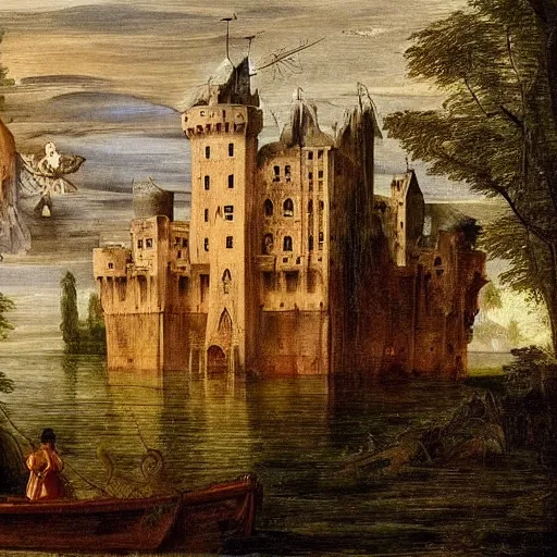 Image similar to an abandoned castle that sits on an island in the middle of a dark lake, there are cobwebs and dust hanging all over the castle and there is a ghostly apparition in one of the windows, a worn boat floats on the lake in front of the castle, renaissance painting, high quality