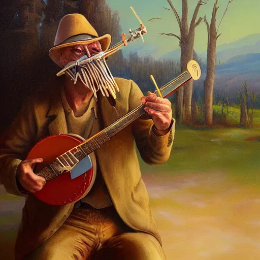 Prompt: painting of a country alien playing a banjo, straw in his mouth, style of peter mohrbacher, high detail, hyper realistic, 8 k