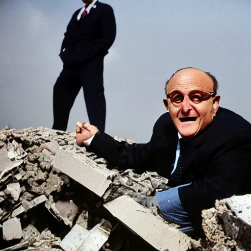 Image similar to a closeup a very drunk evil Rudy Giuliani squatting smiling wearing black thog underwaer while covering himself with rubble sensully on top of the world trade center rubble pile in new york