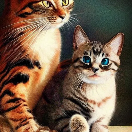 Prompt: wonderful picture with beautiful cute cats, detailed and photorealistic with fantastic coloring