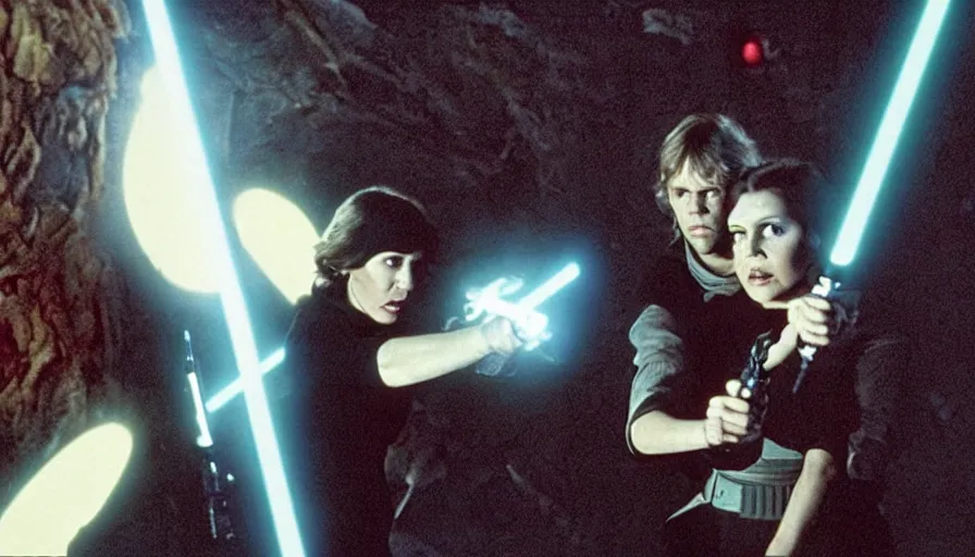 Prompt: screenshot portrait of Luke Skywalker and Princess Leia, with the lightsabers ignited, facing off against an incredibly haunting female sith lord in white, on a planet of maelstrom, chaos, the world of darkness, 1970s thriller film by Stanley Kubrick, iconic scene, HR Geiger design, stunning cinematography, hyper-detailed, sharp, anamorphic lenses, kodak color stock, 4k, stunning