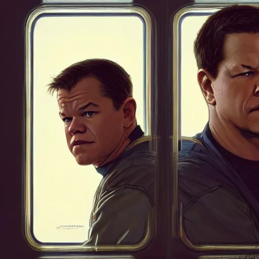 Image similar to Matt Damon and Mark Wahlberg looking at each other confused in the mirror, artstation, concept art, smooth, sharp focus, illustration, art by artgerm and greg rutkowski and alphonse mucha