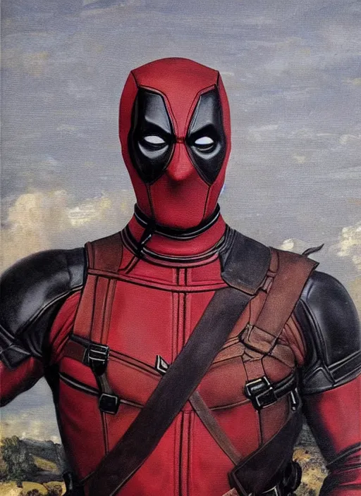 Image similar to oil painting of renaissance deadpool created by gustave courbet and michaelangelo, fantasy, portrait, highly detailed, large brush strokes