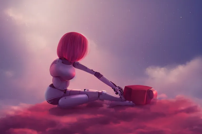 Image similar to a cute robot girl sitting on a cloud relaxing, red lighting, mist, digital art,