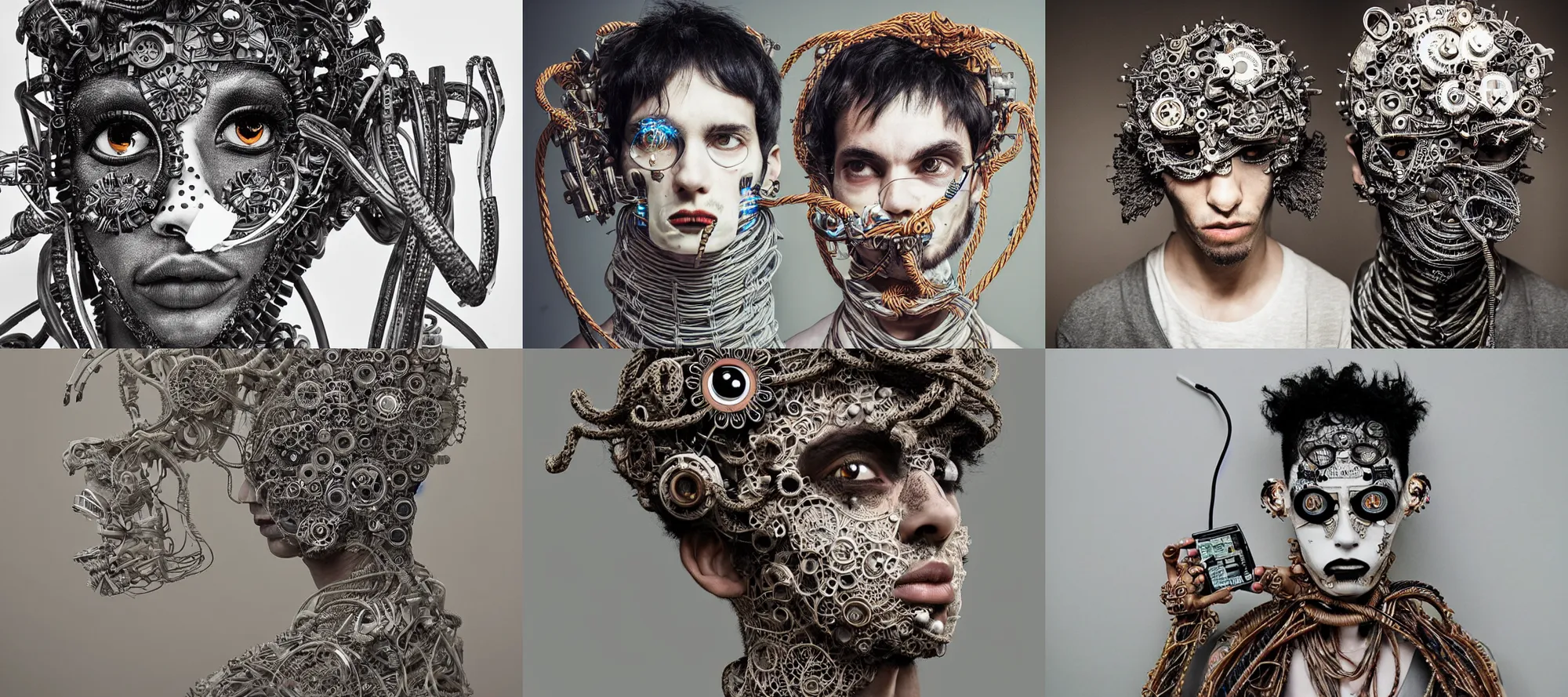 Prompt: stunning Rococopunk man_integrating_with_technology_full_face_insipiring_detailed_intricate_ornate_cables_connected_to_head_big_open_electric_eyes_ by Hironaka, Harumi