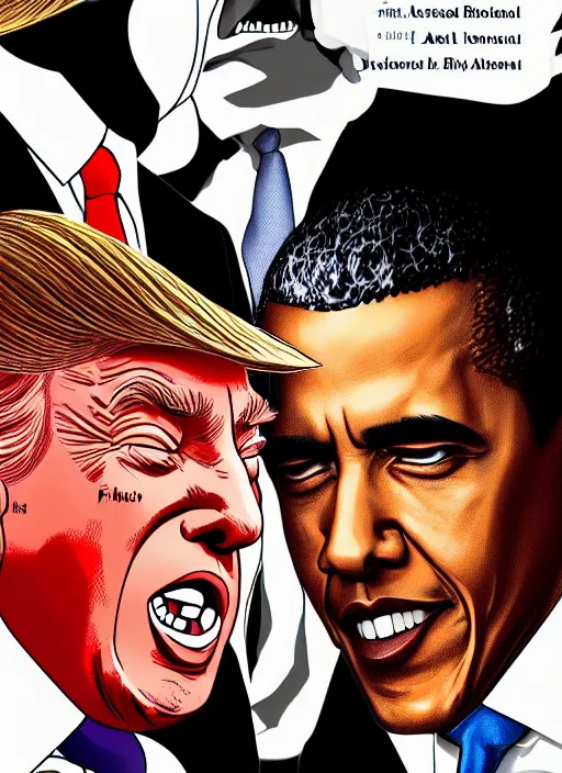 Image similar to barack obama vs donald trump manga cover art, detailed color portrait, artstation trending, 8 k, greg rutkowski,