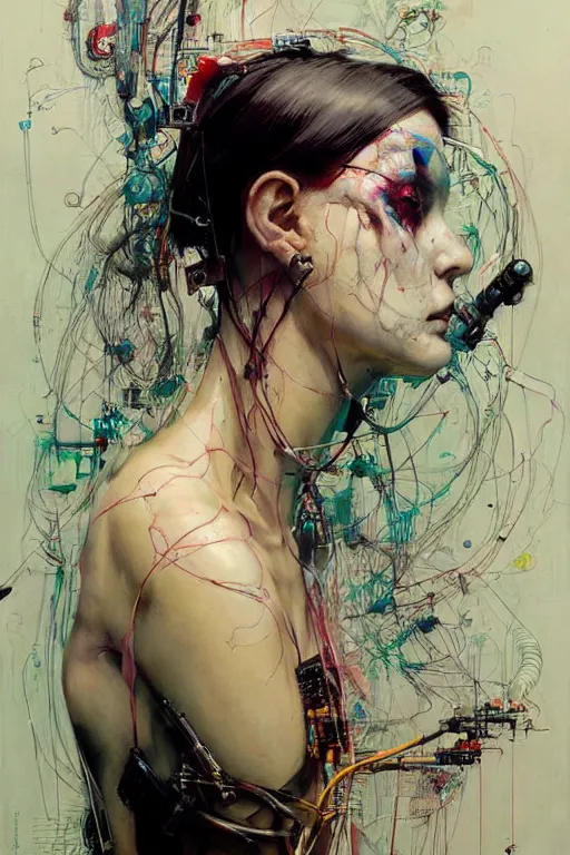 Prompt: young woman cyberpunk dream thief, wires cybernetic implants, in the style of adrian ghenie, esao andrews, jenny saville,, surrealism, dark art by james jean, takato yamamoto