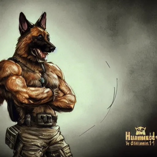 Image similar to a humanoid german shepherd beast - man in military style, holding a bottle of beer, artstation, concept art, smooth, sharp foccus ilustration, artstation