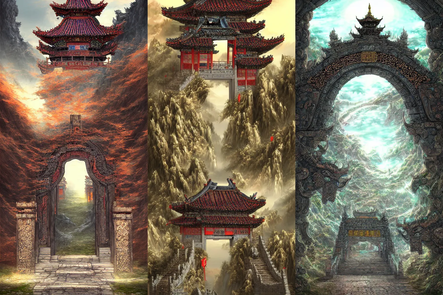 Prompt: The gate to the eternal kingdom of ancient china, fantasy, digital art, HD, detailed.