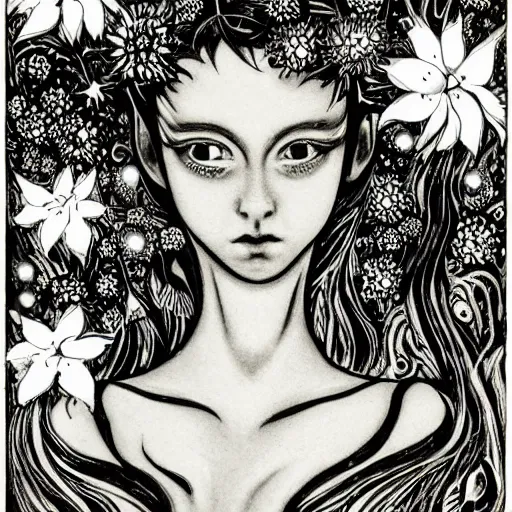 Image similar to prompt: beautiful girl in lake with light up face painted in baroque style, nymph in the water, small flowers around and on the side, 1980 manga, black and white photo, intricate ink drawing, high detail, Neo-expressionism, post-modern gouache marks on the side, gnarly details in the water and brushstrokes