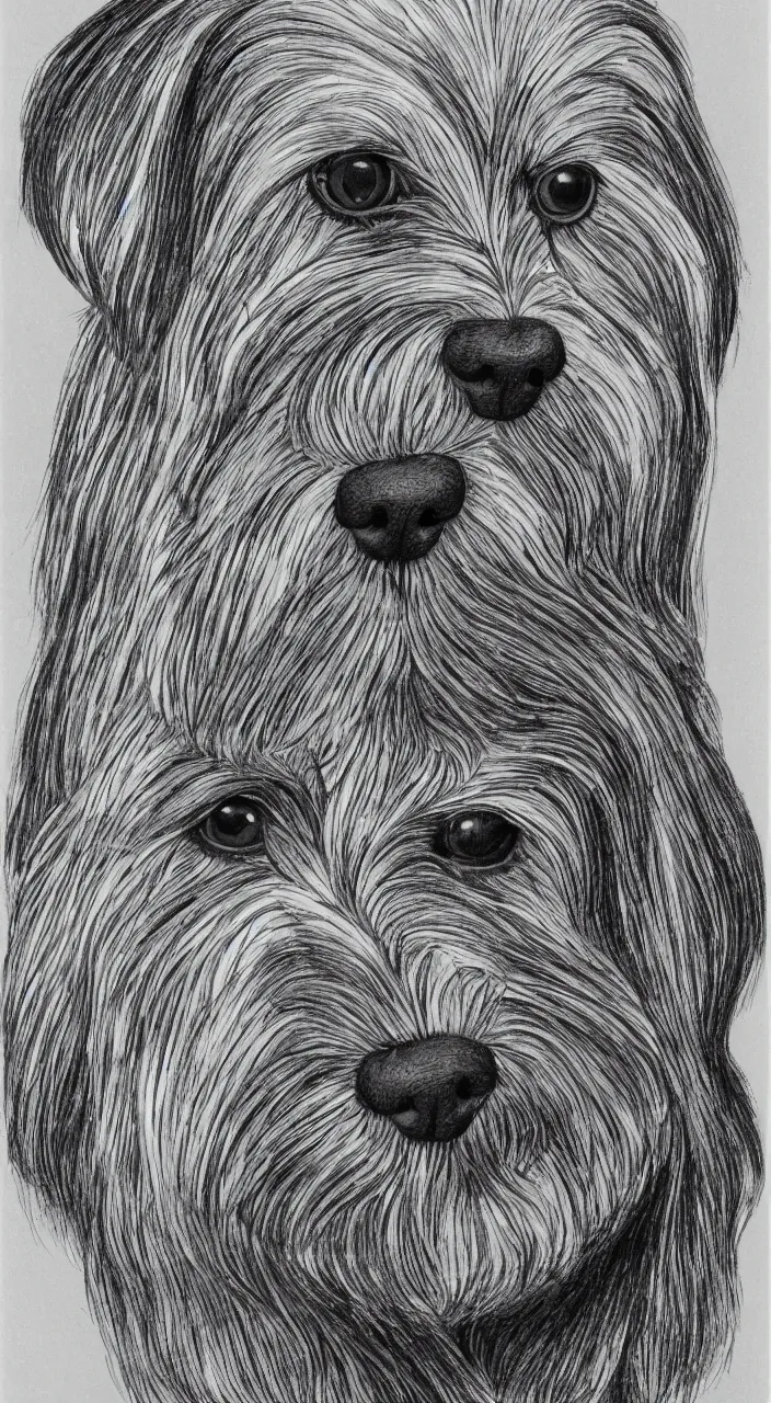 Prompt: self - portrait of a havanese dog reflected in a chrome sphere, by m c escher pen and paper