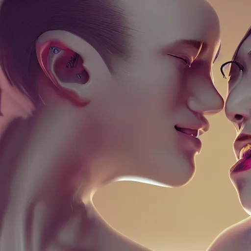 Prompt: kiss of the sweet flirty gynoid, octane, cgi, highly detailed, photorealistic,