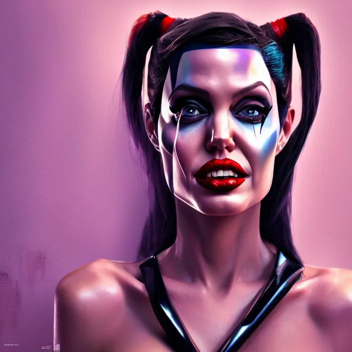 Image similar to portrait of Angelina Jolie as a harley quinn. intricate abstract. intricate artwork. by Tooth Wu, wlop, beeple, dan mumford. octane render, trending on artstation, greg rutkowski very coherent symmetrical artwork. cinematic, hyper realism, high detail, octane render, 8k, iridescent accents