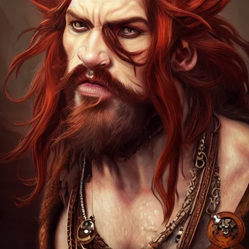 Image similar to portrait of a boar - man hybrid pirate, male, handsome, masculine, full body, red hair, long hair, soft hair, fantasy, intricate, elegant, highly detailed, steampunk, airship, digital painting, artstation, concept art, character art, smooth, sharp focus, illustration, art by artgerm and greg rutkowski and alphonse mucha