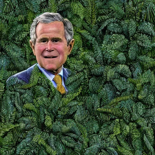 Prompt: george bush covered in green foliage, high detail