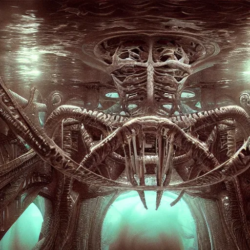 Prompt: deep undersea with large strange scary creatures swimming around in the style of Giger, low angle, octane render, macro, shallow dof, ultra realistic, hyper-realistic, exquisite architecture, hyper-realistic, ultra-detailed, cinematic lighting, vibrant colors, H- 1024