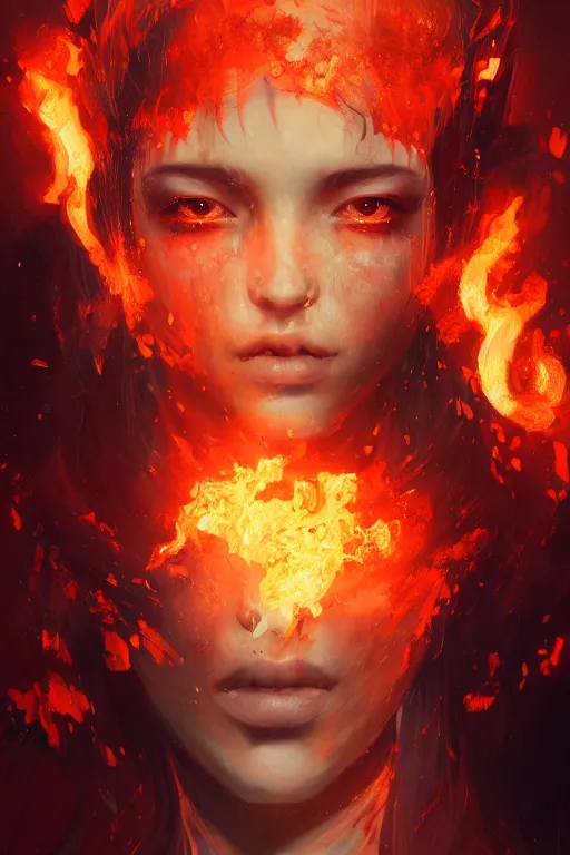 Prompt: a fancy portrait of a young Demon girl covered in flames by Greg Rutkowski, Sung Choi, Mitchell Mohrhauser, Maciej Kuciara, Johnson Ting, Maxim Verehin, Peter Konig, final fantasy , 8k photorealistic, cinematic lighting, HD, high details, atmospheric , trending on artstation