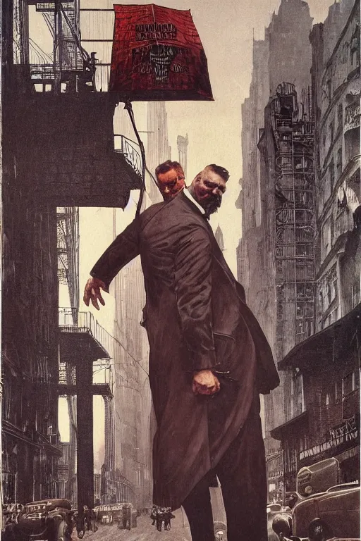 Image similar to full length portrait of eddie hall as a huge tall hulking marvel gangster wearing a leather trench coat standing on street 1 9 3 0 s new york, by lawrence alma tadema and zdzislaw beksinski and norman rockwell and jack kirby and tom lovell and greg staples and michael alford