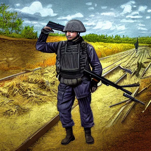 Image similar to putin with firearms, fighting in trenches somewhere in ukraine, highly detailed digital painting