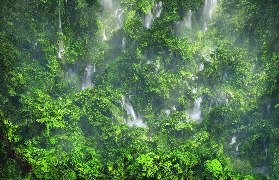 Image similar to a jungle in amazon, detailed dreamscape, hyperreal phantastic, drone shot, intricate details in environment, golden ratio, high aestehtic, waterfalls and lakes, cinematic light dramatic light, lightrays, in the style of terrence mallick cinematography, trending on artstation