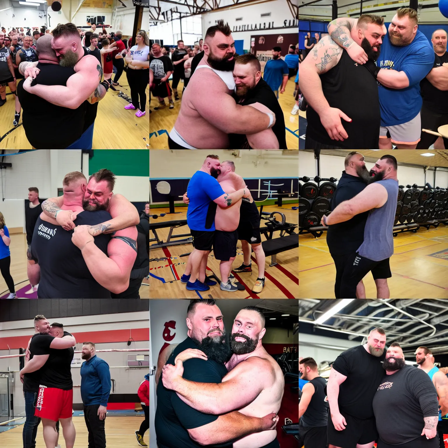 Prompt: eddie hall hugging fans in a gym, size difference, photography