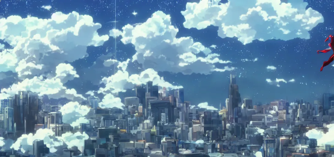 Prompt: two superheroes in the clouds city of stars scenery anime style hd 8 k