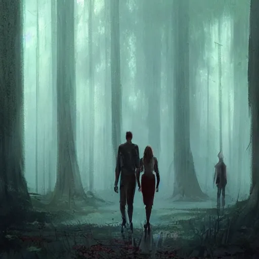 Prompt: concept art by greg rutkowski, a very tall and slender young man walking with a very tall and slender woman through a forest of giant trees, dark atmosphere, surrounded by fireflies, detailed portraits, disturbing atmosphere, scifi, digital painting, artstation, concept art, smooth, sharp foccus ilustration, artstation hq