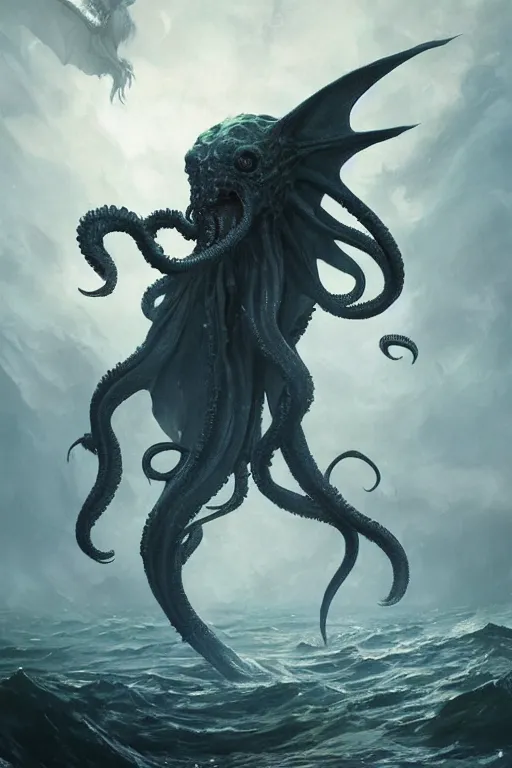 Image similar to cthulhu rising from the ocean with wings spread, digital art, magic the gathering, mtg, by greg rutkowski, trending on artstation