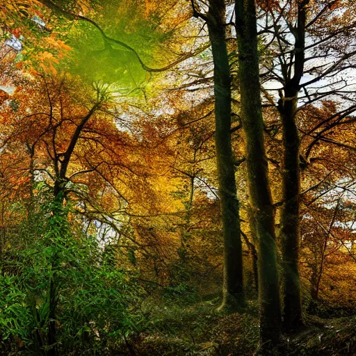 Prompt: autumnal british woodland scene, 3d, cgi, vector graphics, undulating terrain, blue sky visible through the canopy, leaves on the ground, autumnal colours