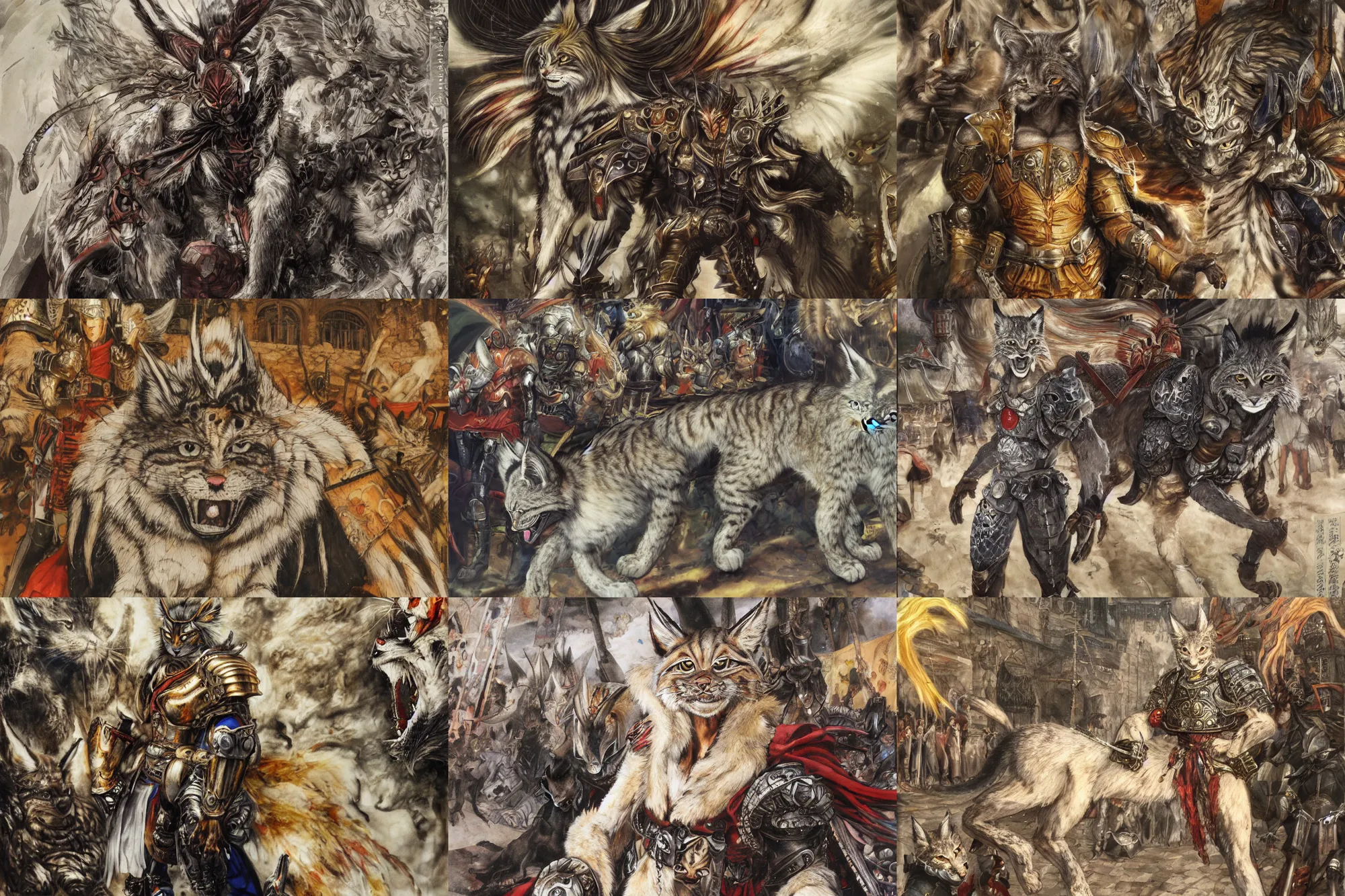 Image similar to 8k Yoshitaka Amano painting of upper body of a young cool looking lynx beast-man with white mane at a medieval market at windy day. Depth of field. He is wearing complex fantasy armors. He has huge paws. Renaissance style lighting.