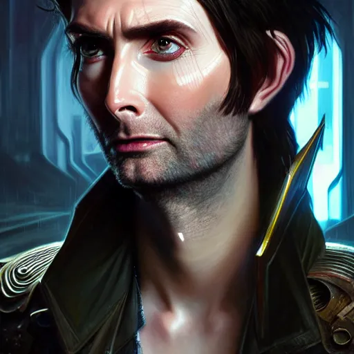 Prompt: portrait painting of a cyberpunk elven cyborg david tennant with thin pointy ears, ultra realistic, concept art, intricate details, eerie, highly detailed, photorealistic, octane render, 8 k, unreal engine. art by artgerm and greg rutkowski and charlie bowater and magali villeneuve and alphonse mucha