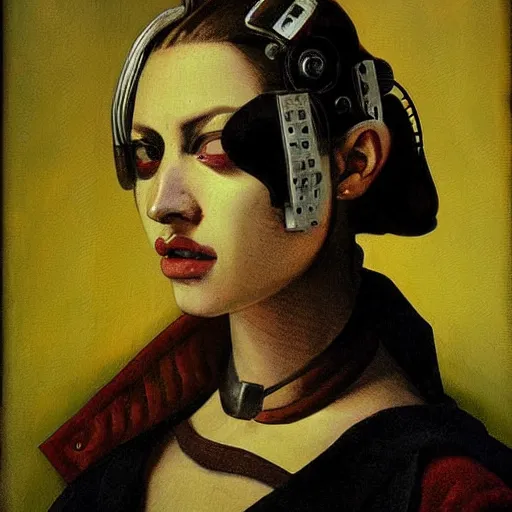 Prompt: portrait of a cyberpunk character, ( ( ( art by johannes vermeer ) ) ), cybernetic implant, award winning, masterpiece, intricate, dramatic light, detailed face, highly detailed, asymmetrical, dark