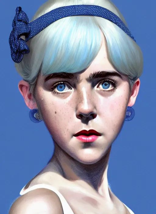 Image similar to portrait of kiernan shipka with freckles, white hair, 1 9 6 0 s bob hairstyle with bangs and hairband, blue 1 9 6 0 s dress, intricate, elegant, glowing lights, highly detailed, digital painting, artstation, concept art, smooth, sharp focus, illustration, art by wlop, mars ravelo and greg rutkowski