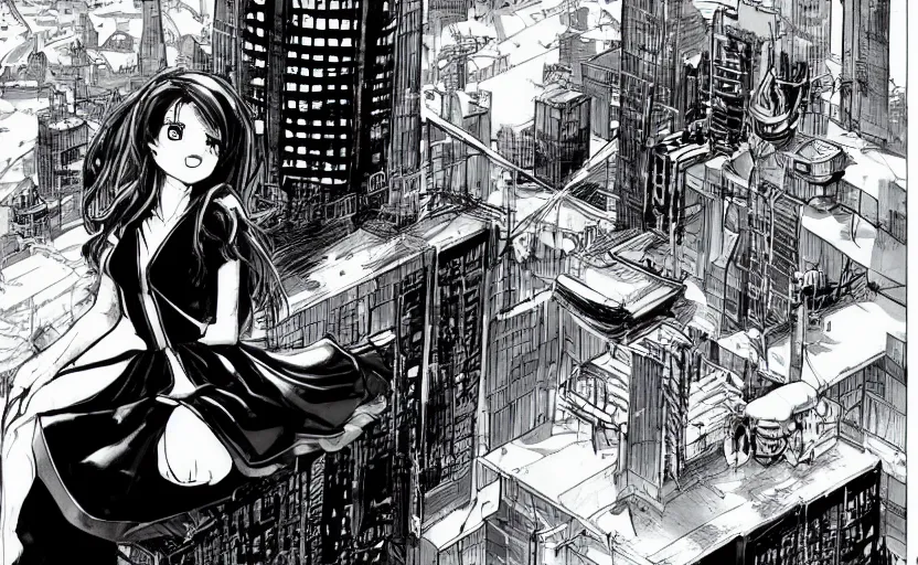 Prompt: Lady in a black and white maid dress with long hair, she is sitting on the roof of a skyscraper and looking at the horizon of a large city. Fantasy and concept art by masamune shirow