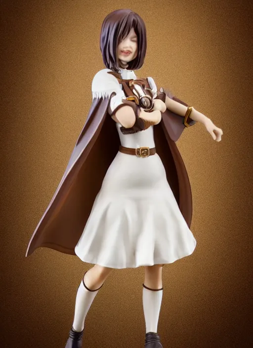 Prompt: 80mm resin detailed miniature of a female alchemist with short brown hair wearing a short dress, white stockings, leather boots and cape, Product Introduction Photos, 4K, Full body