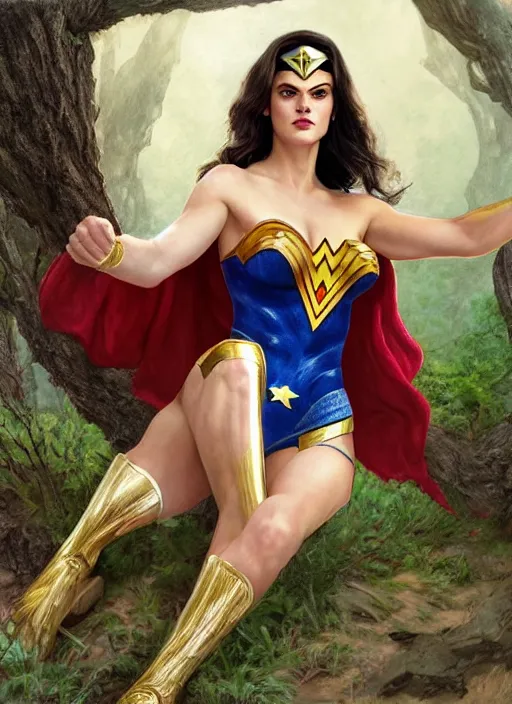 Prompt: Alexandra Daddario as Wonder women, taking a rest under tree after an long adventure, a ruggedly muscled handsome heroine, intricate, elegant, highly detailed, centered, digital painting, artstation, concept art, smooth, sharp focus, illustration, artgerm, donato giancola, Joseph Christian Leyendecker, WLOP, Artgerm, thunder storm