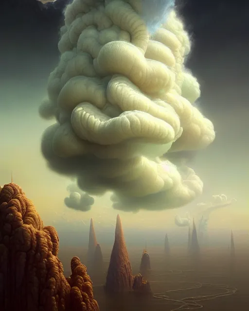 Image similar to a hyper - detailed 3 d render like a oil painting of venusian cloud farming, surrealism!!!!! surreal concept art, lifelike, photorealistic, digital painting, aesthetic, smooth, sharp focus, artstation hd, by greg rutkowski, bruce pennington, valentina remenar and asher duran,