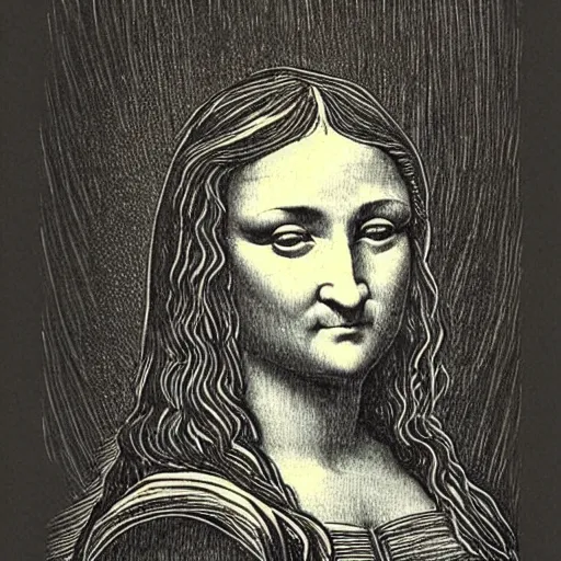 Image similar to monalisa in the style of Gustave Doré!!!!!!!!!!!!!!!!!!!, etching, etching, etching painting, etching!!!!!!!!!!!!!!!!!!!, wood-engraving!, Gustave Doré, Gustave Doré, Gustave Doré!!!!!!!!!!